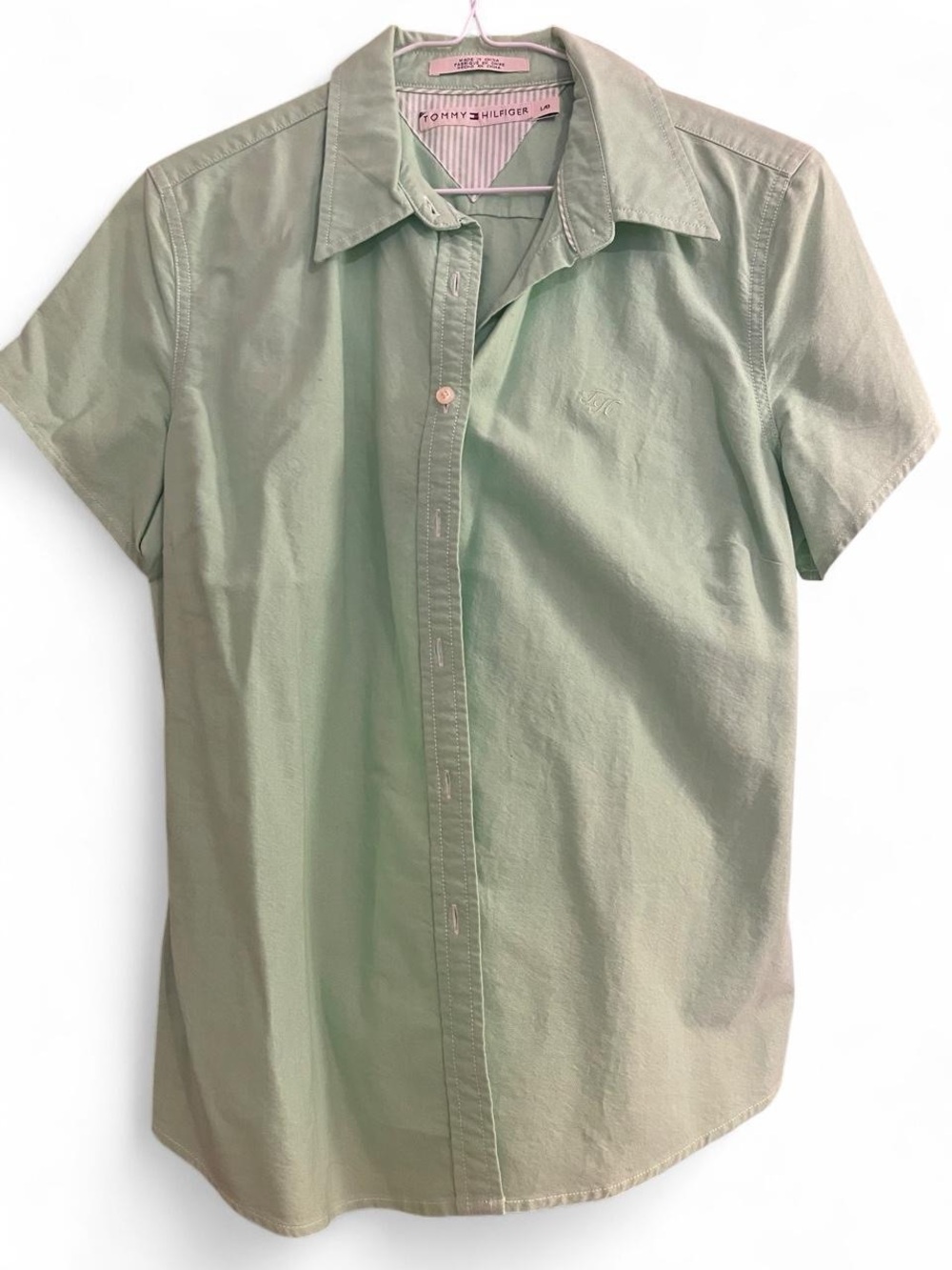 Vintage Green Tommy Hilfiger Women’s Short-Sleeve Button-Down with White Trim